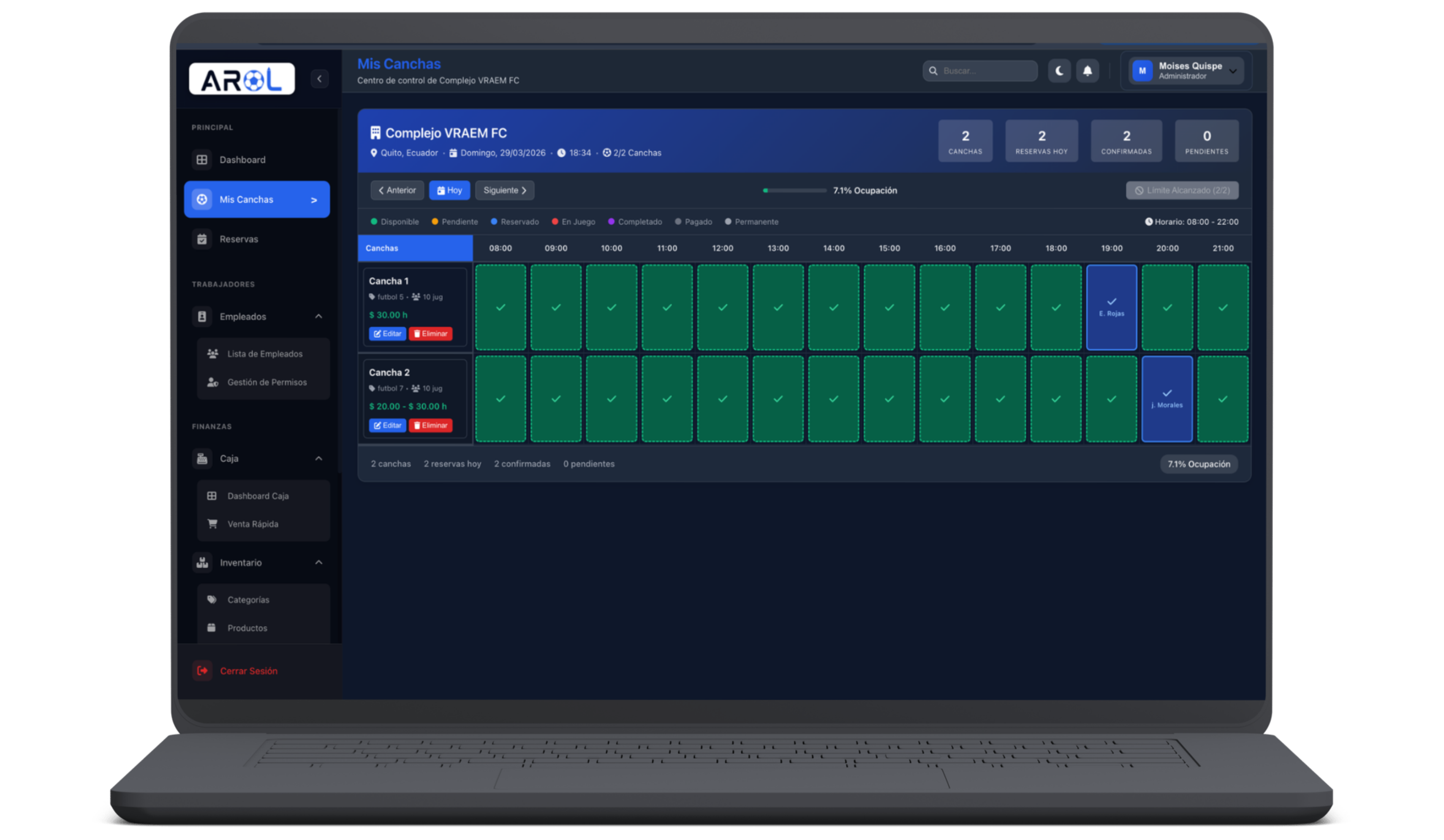 Timeline de canchas en AROL Reservas — Dashboard Web